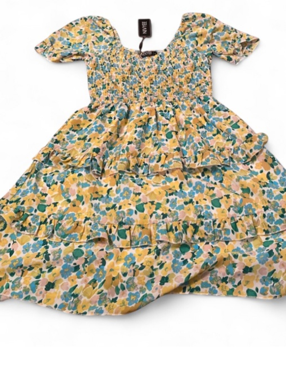Yellow Floral Tiered Short Dress with Puff Sleeves